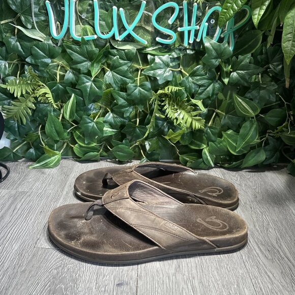Olukai Pikoi Dark Wood Men’s Size 13 M Brown Leather Thong Sandals Flip Flops main image 5